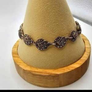 925 Sterling Silver Real Marcasite Gemstone Wave Design Link Bracelet 8